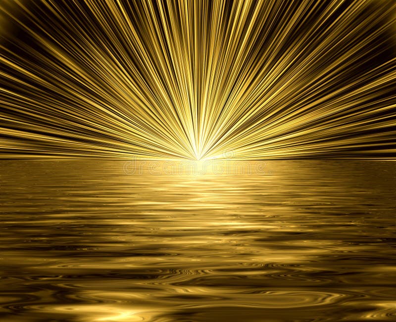 Spiritual theme or metaphor in this golden sunrise or sunset rendition of light and bursting rays on the horizon with beautiful reflection on the peaceful water ripples below. Vector also. Spiritual theme or metaphor in this golden sunrise or sunset rendition of light and bursting rays on the horizon with beautiful reflection on the peaceful water ripples below. Vector also.