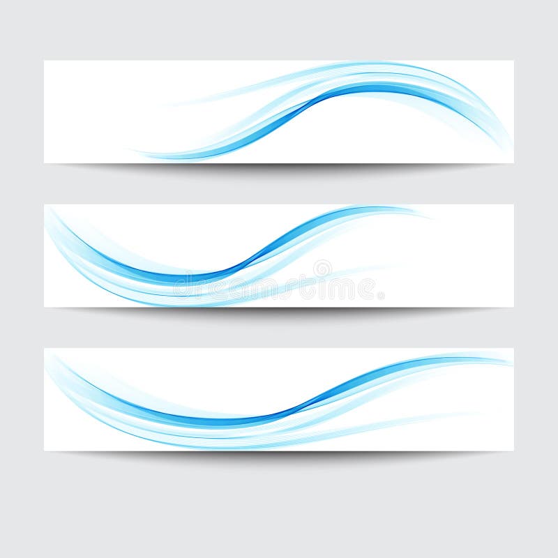 Vector set of abstract blue wavy headers, water flow banners. stock illustration