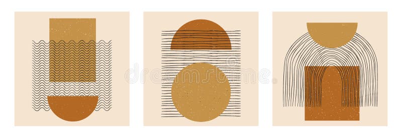 Vector set of abstract boho minimal geometric design posters. Trendy template creative cards with primitive shape compositions royalty free illustration.