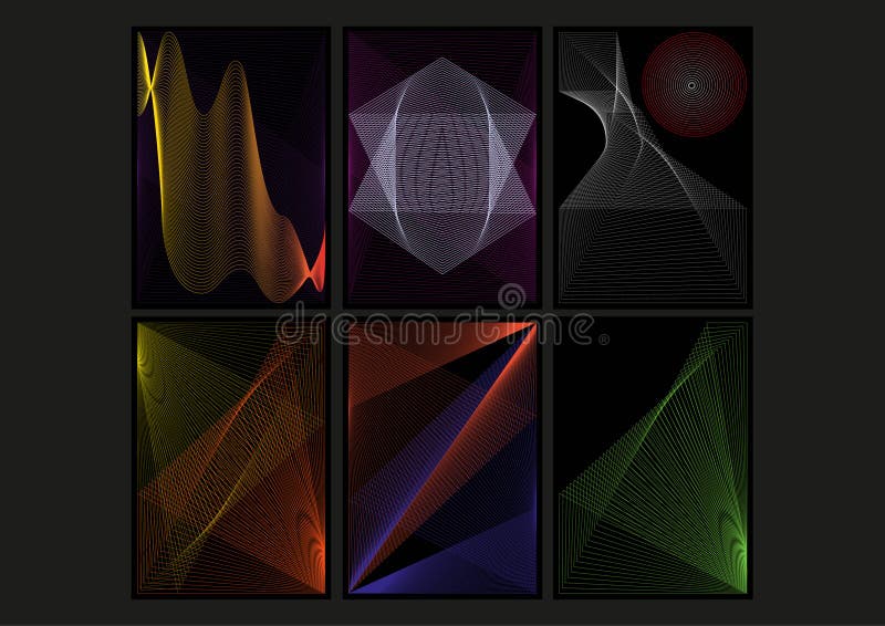 Vector set of abstract posters - geometric shapes and intersecting lines on a black background