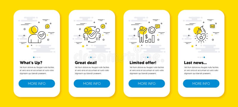 Vector set of Approved teamwork, Employees wealth and Identity confirmed line icons set. Vector royalty free illustration