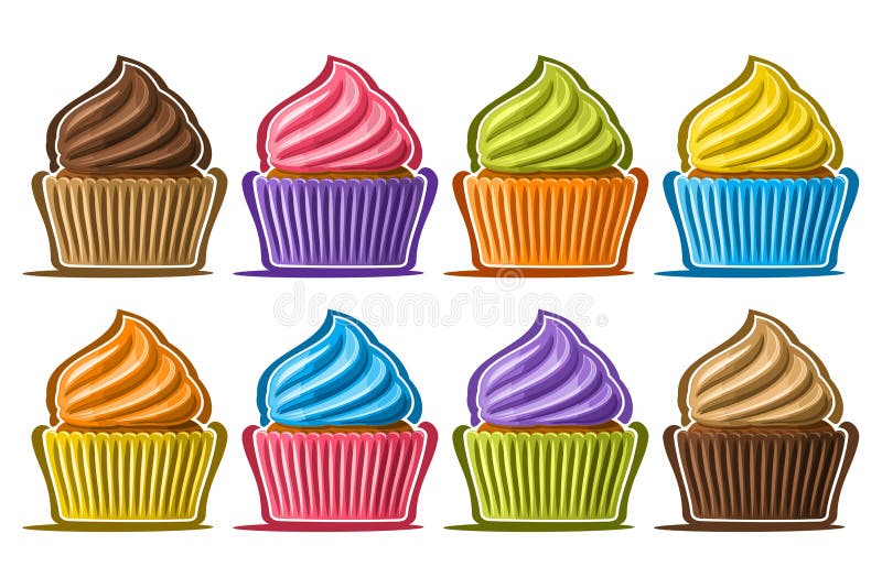 Vector Set of assorted Cupcakes, lot collection of 8 cut out illustrations of diverse colorful cupcakes or cup cakes in a row, set of many delicacy baked goods for cafe menu on white background