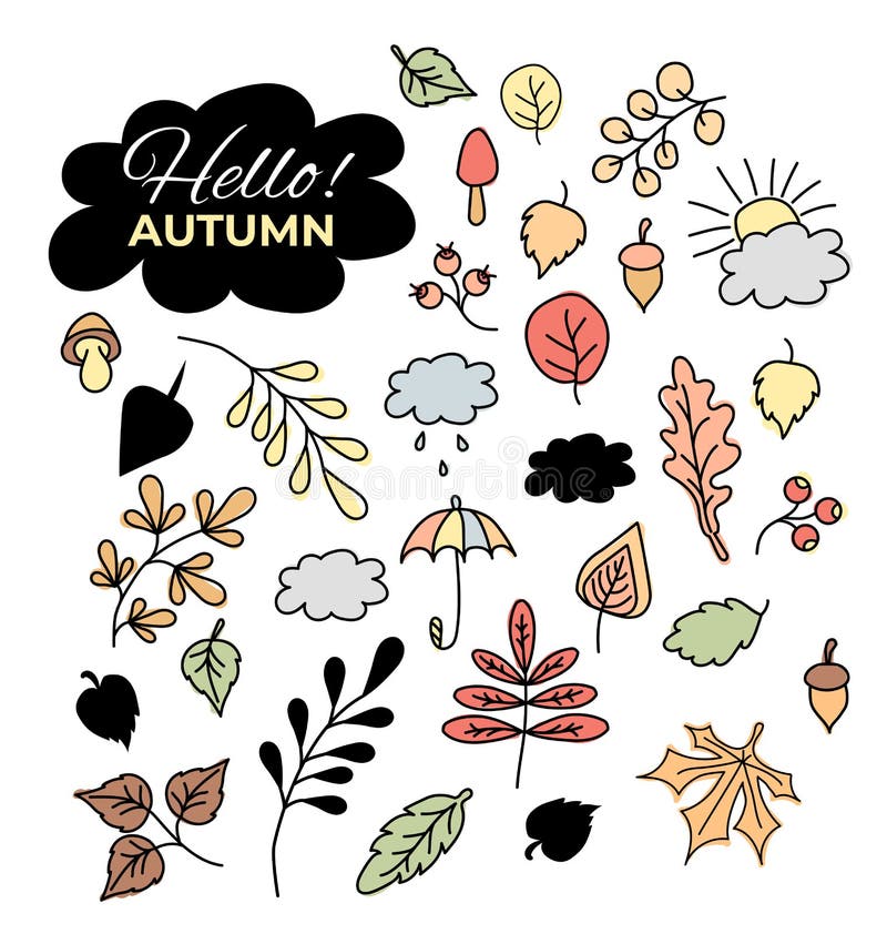 Vector Set of Autumn Drawings. Cute and Funny Different Colored Leaves ...