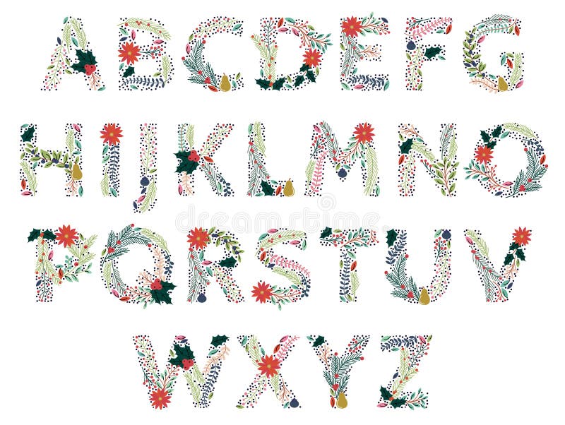 Vector Set of Beautiful Christmas or Winter Holidays Floral Alphabet royalty free illustration