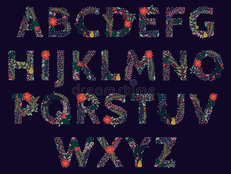 Vector Set of Beautiful Christmas or Winter Holidays Floral Alphabet royalty free illustration