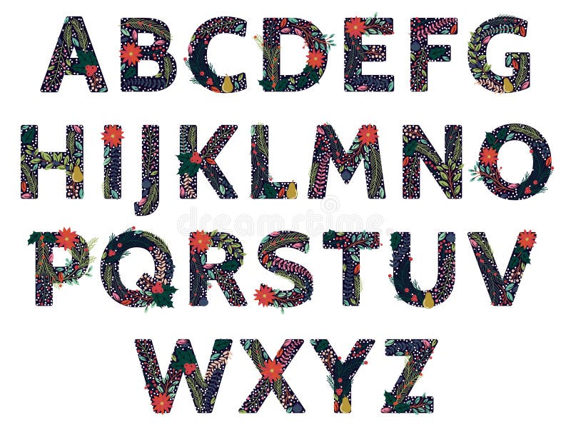 Vector Set of Beautiful Christmas or Winter Holidays Floral Alphabet stock illustration
