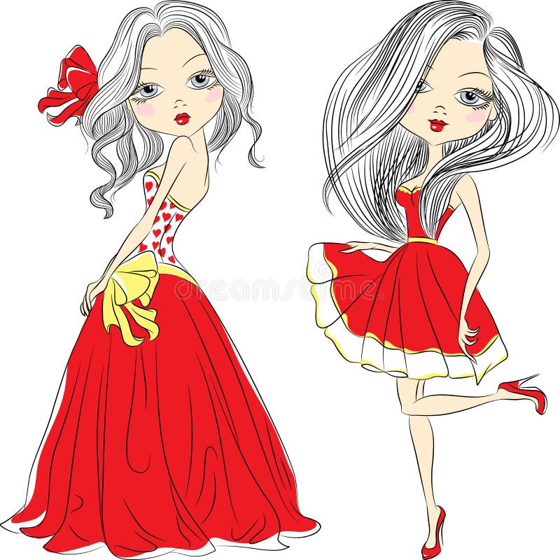 Vector set beautiful fashion girls in red dresses