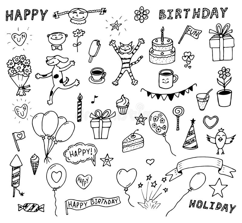 Happy birthday doodles stock vector. Illustration of candy - 90064068