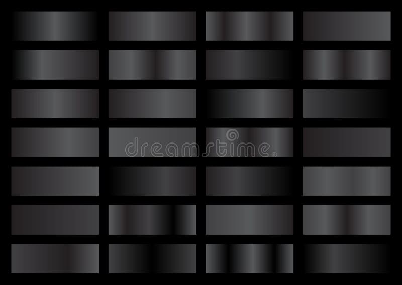 Vector set of black and grey metallic gradients, swatches collection, shiny gradient set on black background vector illustration