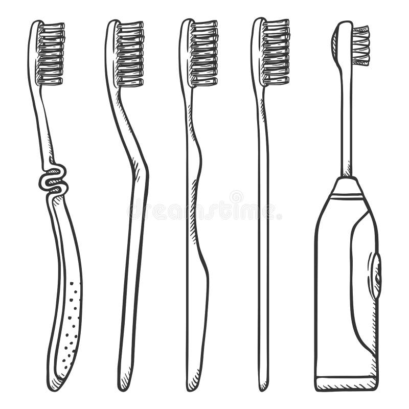 Vector Set of Black Sketch Toothbrushes. Different Types of Tooth Brushes. Stock Vector