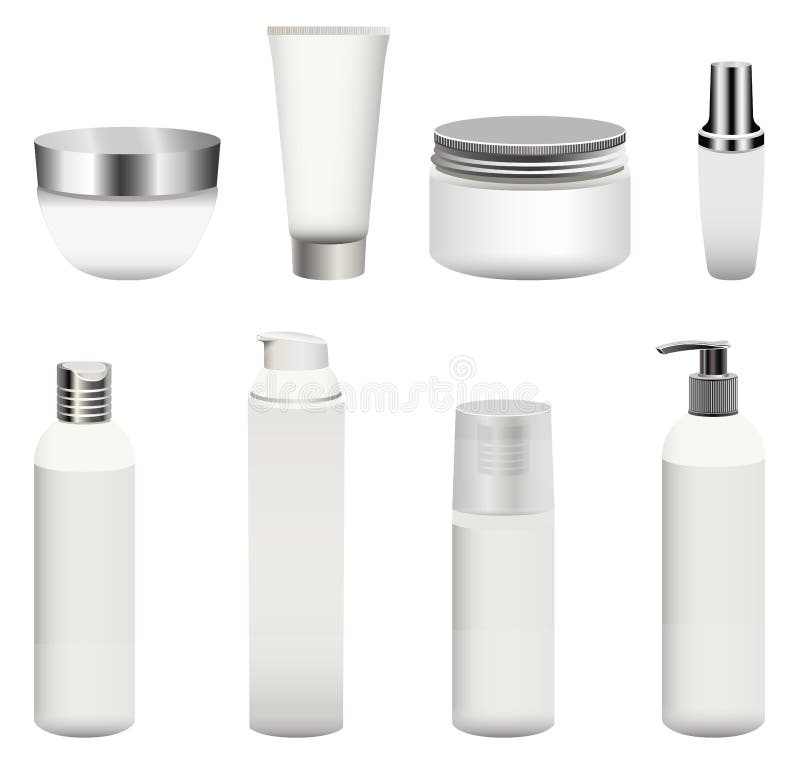 Vector set of blank cosmetics packages bottles, containers, cream jars and other isolated on white background. Realistic mock-up stock illustration Vector set of blank cosmetics packages bottles, containers, cream jars and other isolated on white background. Realistic mock-up stock illustration