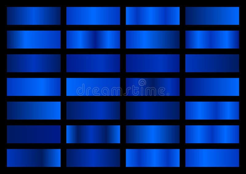 Vector set of blue metallic gradients, swatches collection, shiny gradient set on black background