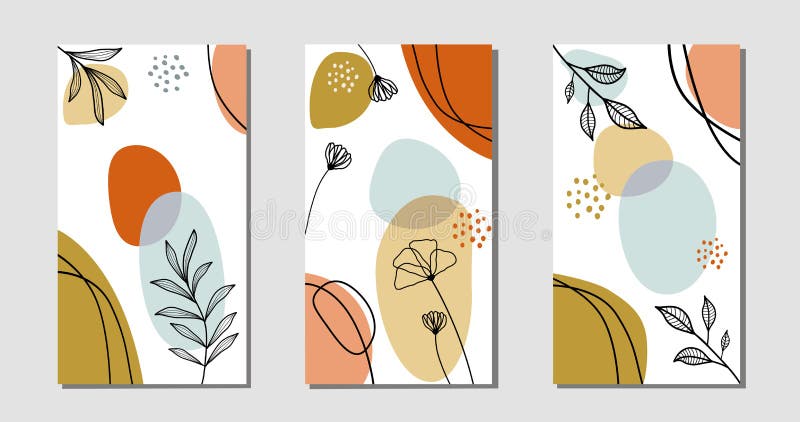 Set of botanical art lines on abstract backgrounds