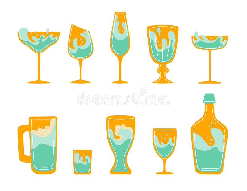 Vector set bundle stemwares glasses collection isolated flat illustration on white background. Champagne, wine, bottle, martini