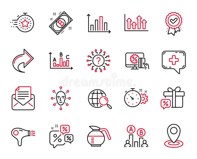Vector Set of Business icons related to Survey results, Web search and Share. Vector stock illustration