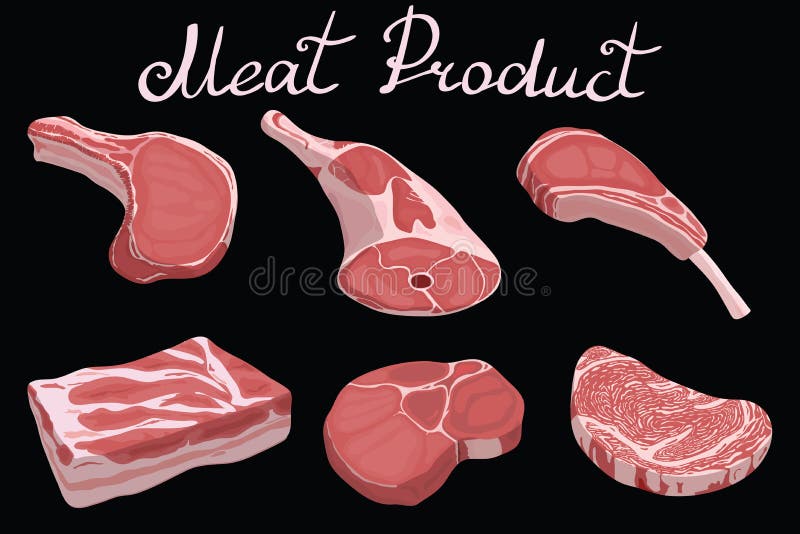 Vector set of cartoon food. Collection of stylized raw meat. Sliced assortment of fresh meat. Pork steaks and tenderloin royalty free illustration