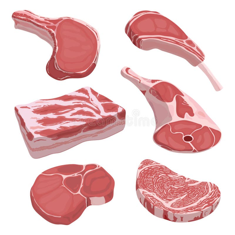 Vector set of cartoon food. Collection of stylized raw meat. Sliced assortment of fresh meat. Pork steaks and tenderloin royalty free illustration