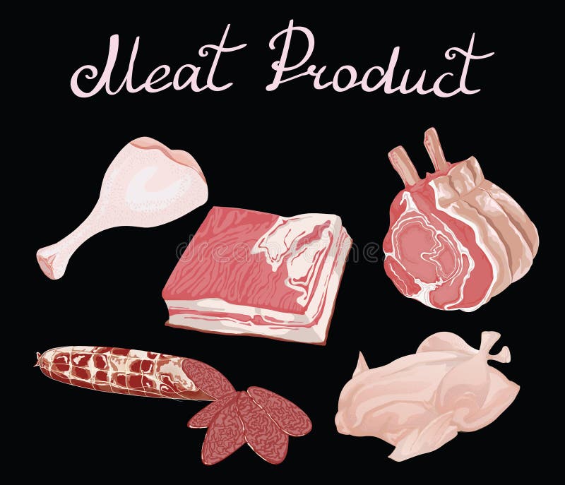 Vector set of cartoon food. Collection of stylized raw meat. Sliced assortment of fresh meat. Pork steaks and tenderloin royalty free illustration