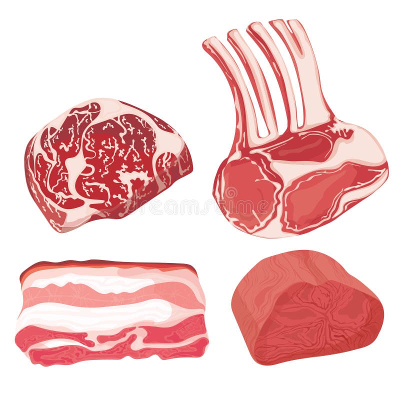 Vector set of cartoon food. Collection of stylized raw meat. Sliced assortment of fresh meat. Pork steaks and tenderloin royalty free illustration