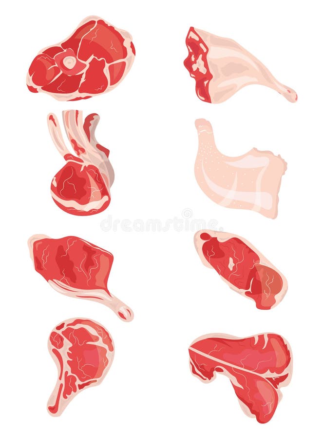 Vector set of cartoon food. Collection of stylized raw meat. Sliced assortment of fresh meat. Pork steaks and tenderloin royalty free illustration