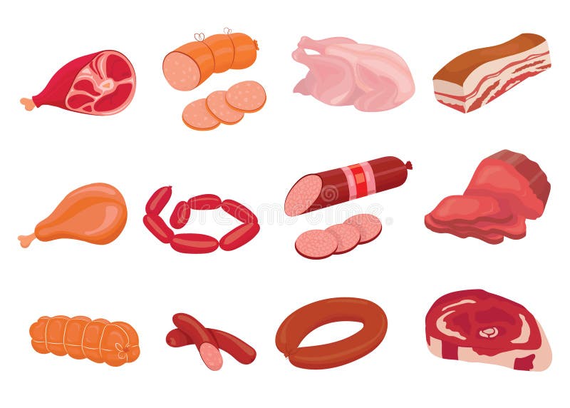 Vector set of cartoon food. Collection of stylized raw meat. Sliced assortment of fresh meat. Pork steaks and tenderloin royalty free illustration