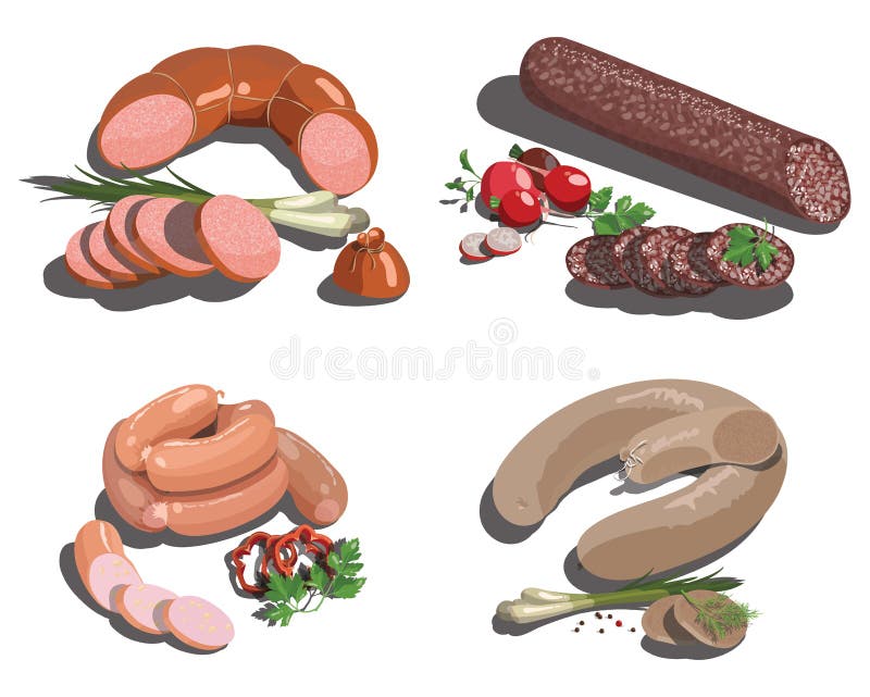 Vector set of cartoon food. Stylized raw meat. Sliced assortment of fresh meat. Pork steaks and tenderloin. Isolated vector illustration