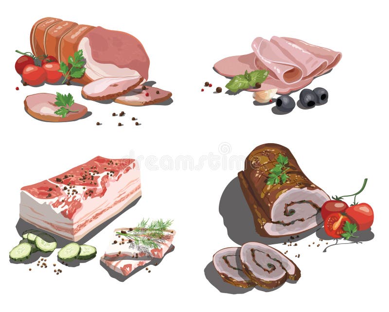 Vector set of cartoon food. Stylized raw meat. Sliced assortment of fresh meat. Pork steaks and tenderloin. Isolated vector illustration