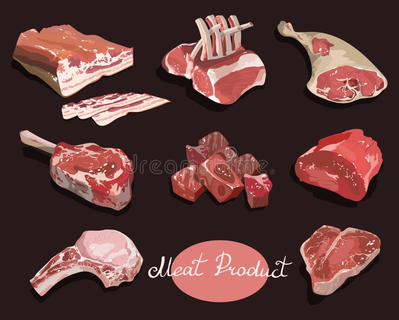 Vector set of cartoon food. Collection of stylized raw meat. Sliced assortment of fresh meat. Pork steaks and tenderloin stock illustration