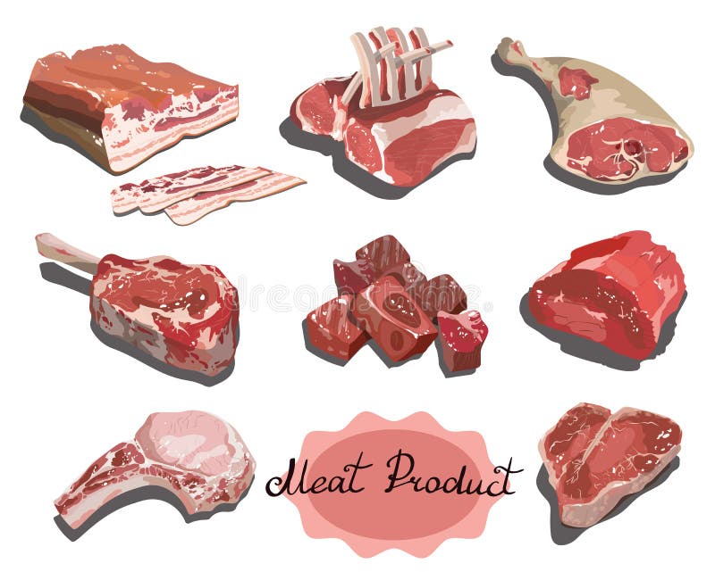 Vector set of cartoon food. Collection of stylized raw meat. Sliced assortment of fresh meat. Pork steaks and tenderloin stock illustration