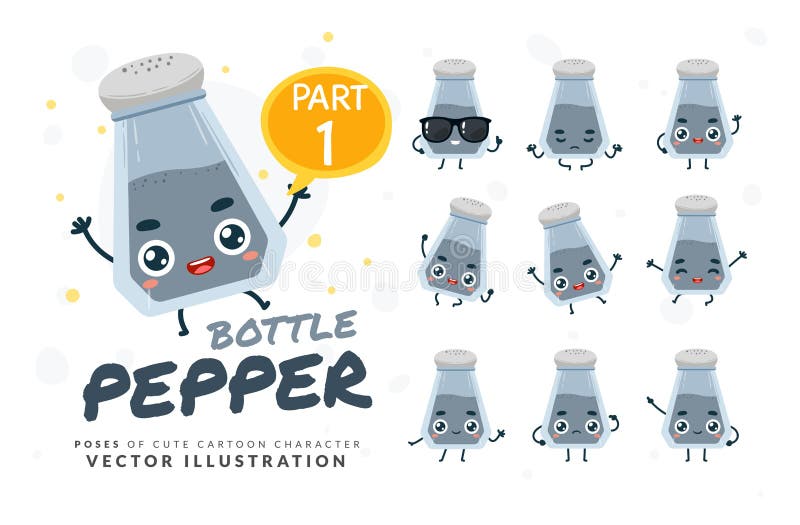 Vector Set of Cartoon Images of Pepper Bottle. Part 1 Stock Vector