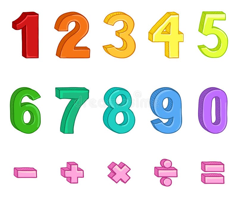 Vector Set of Cartoon Multicolor Numbers and Mathematical Signs. Stock ...
