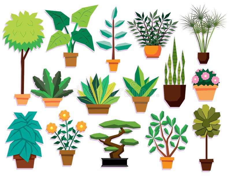 Set of Cartoon Plants Isolated on White Background Stock Illustration