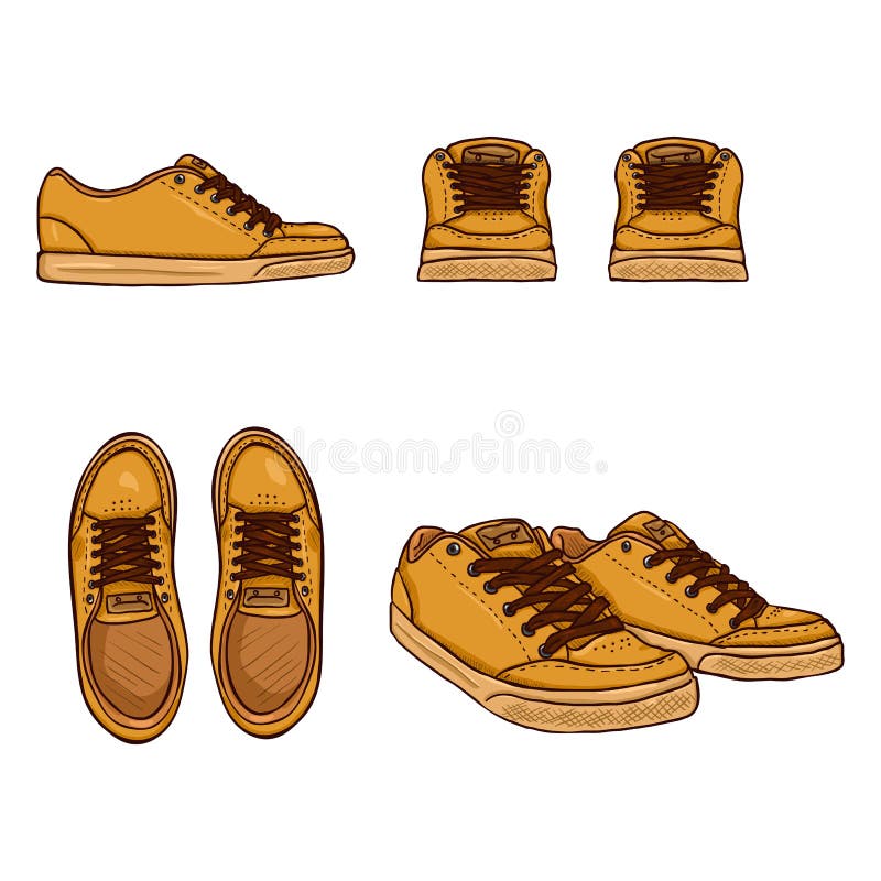 Vector Set of Cartoon Skaters Shoes. Top, Side and Front Views Stock