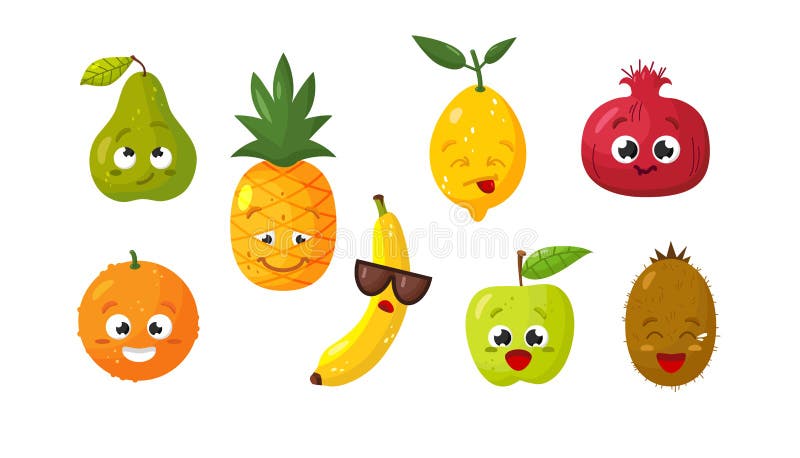 Vector set cartoons-beelden van verschillende grappige geïsoleerde vruchten op een witte achtergrond Emoties, emojis, karakter stock illustratie Vector set cartoons-beelden van verschillende grappige geïsoleerde vruchten op een witte achtergrond Emoties, emojis, karakter stock illustratie