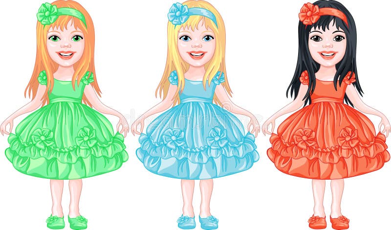 vector Set charming little girls in fancy dresses