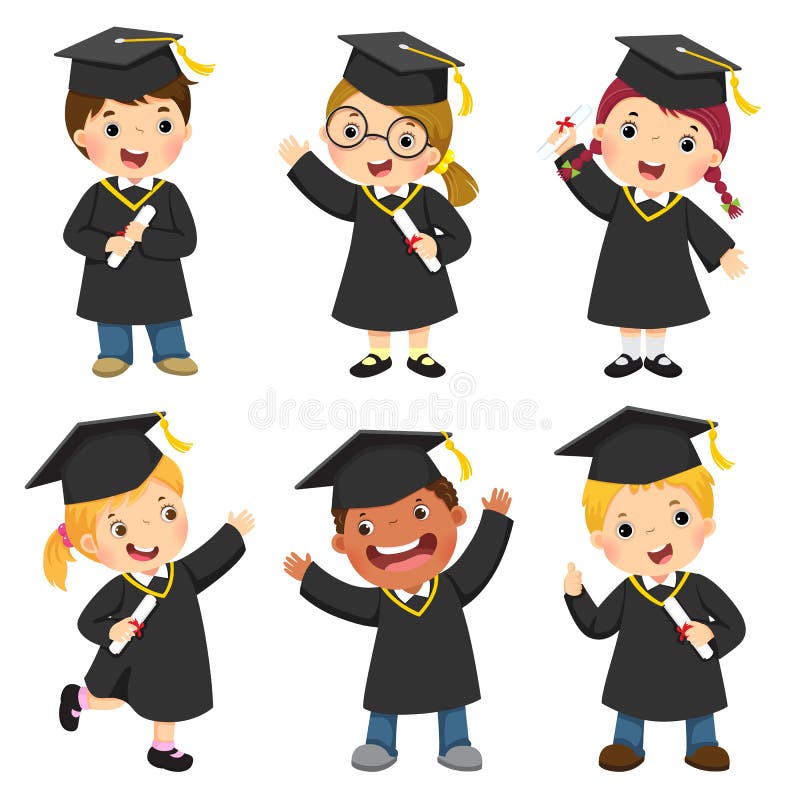 Set of children in a graduation gown and mortar board