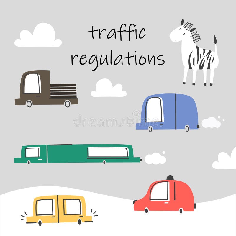 Vector set of children`s cars with a Zebra. Traffic regulations royalty free illustration