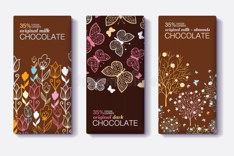 Vector Set Of Chocolate Bar Package Designs With Modern Floral and Butterfly Borders. Milk, Dark, Almond. Editable vector illustration
