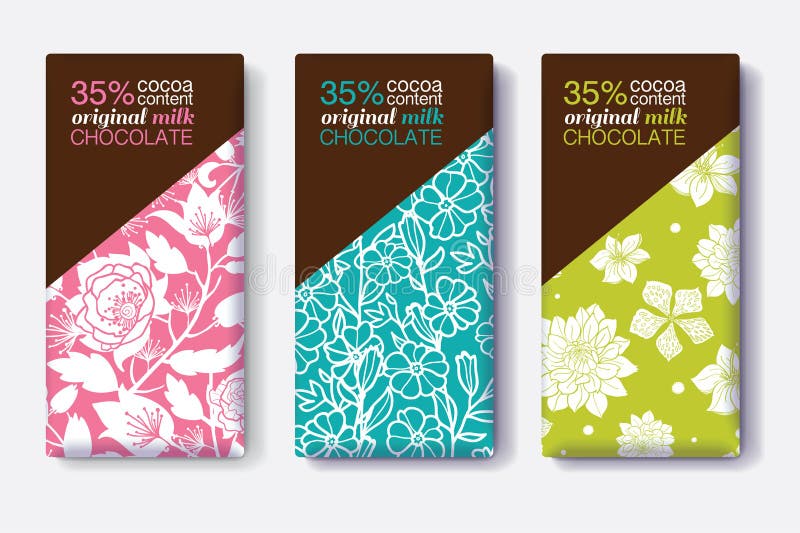 Vector Set Of Chocolate Bar Package Designs With Modern Floral Patterns. Editable Packaging Template Collection. royalty free illustration