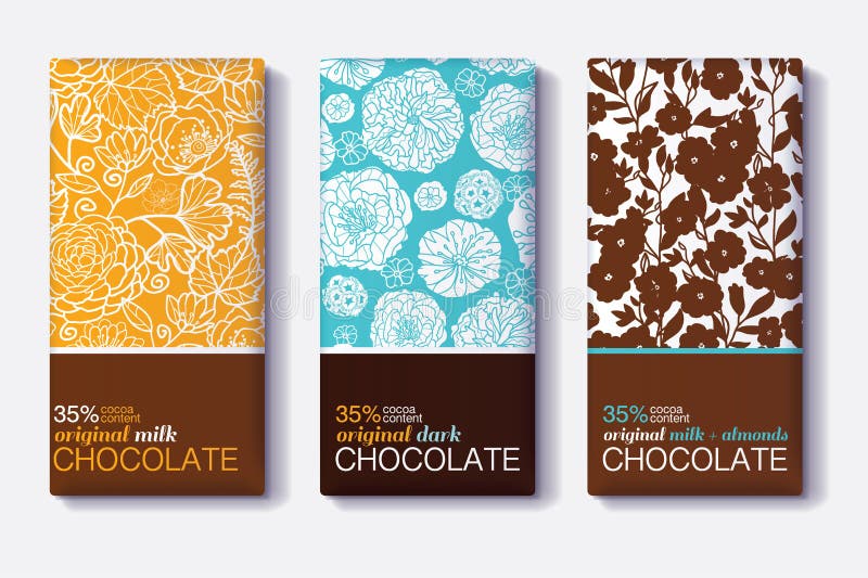 Vector Set Of Chocolate Bar Package Designs With Modern Floral Patterns. Milk, Dark, Almond. Editable Packaging vector illustration