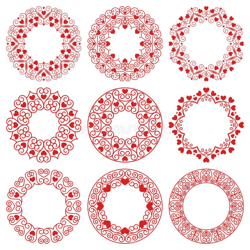 Vector Set of Circle Frames in Vintage Art Deco Style with Red Hearts