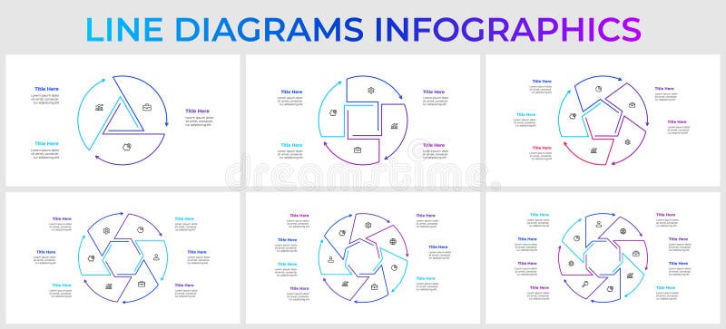 Vector set of circle infographics outline elements with 3, 4, 5, 6, 7 and 8 options, steps or parts.