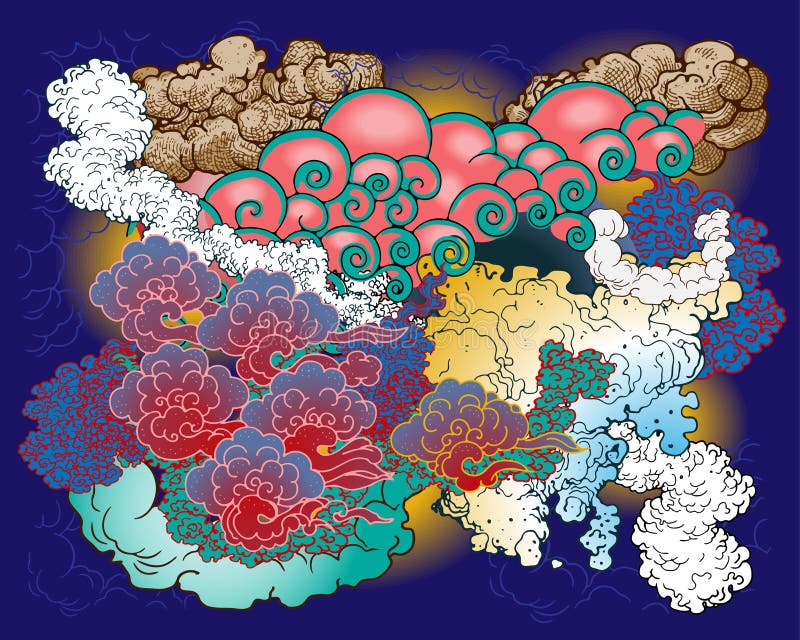 Vector illustration of clouds in East-Asia style. Thai calligraphy vectors