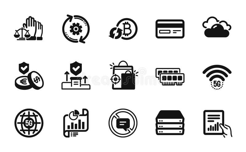 Vector set of Cloudy weather, Servers and Refresh bitcoin icons simple set. Vector stock illustration