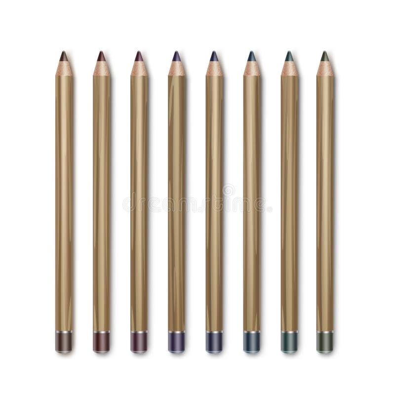 Vector set of Colored Dark Brown Vinous Blue Green Violet Purple Cosmetic Makeup Eyeliner Pencils Isolated on White royalty free illustration Vector set of Colored Dark Brown Vinous Blue Green Violet Purple Cosmetic Makeup Eyeliner Pencils Isolated on White royalty free illustration