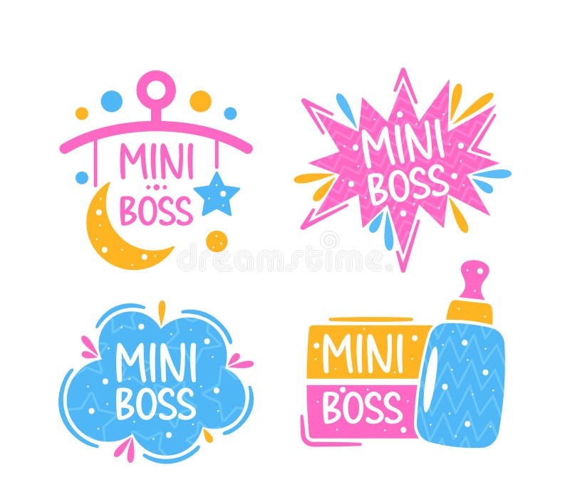 Vector Set Of Colorful Mini Boss Logos, Labels Or Badges Perfect For Kids And Baby Products. Cloud, Bottle And Burst stock illustration