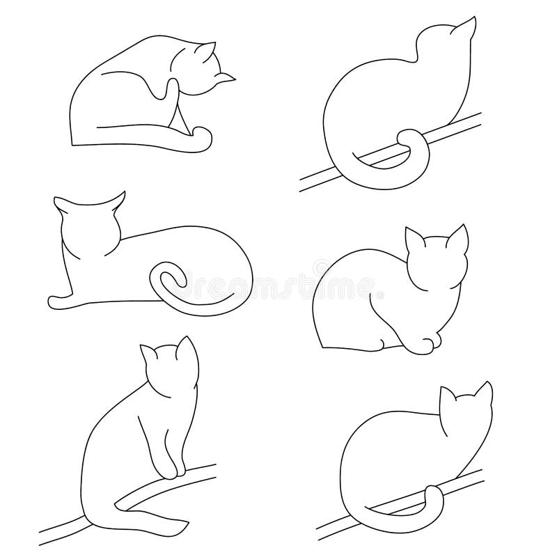 Vector set of contour cat silhouettes. Different postures: sitting, lying, resting, playing, hunting.