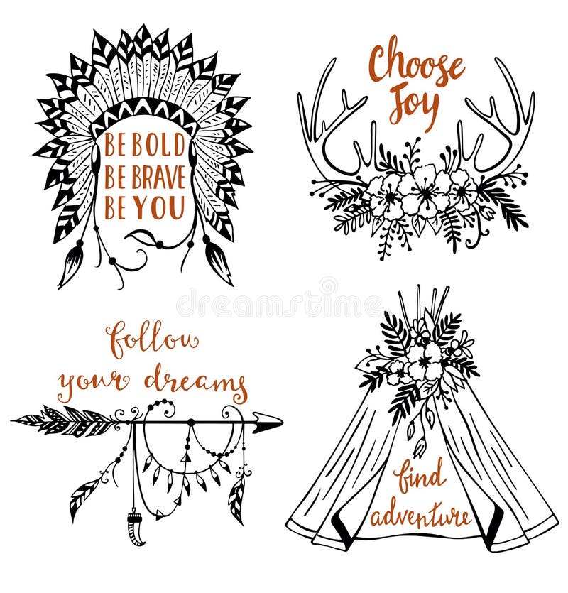 Vector set of creative boho style design elements with tribal arrows, feathers, deer antlers, flowers and inspirational quotes. Hand drawn sketch illustration. Vector set of creative boho style design elements with tribal arrows, feathers, deer antlers, flowers and inspirational quotes. Hand drawn sketch illustration.