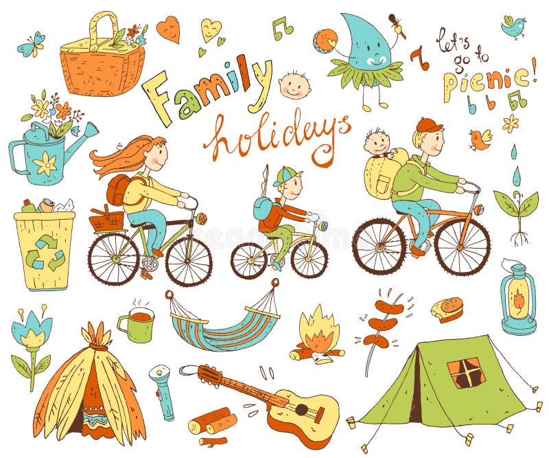 Vector set of cute doodle family and holidays. Equipment for cam