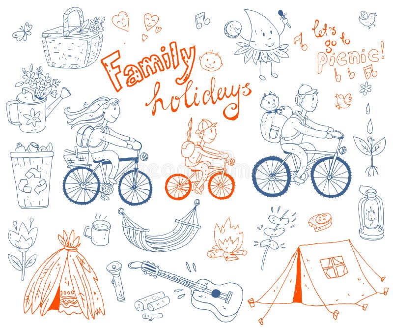 Vector set of cute doodle family and holidays. Equipment for cam